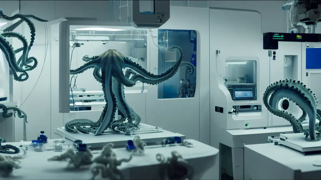 Prompt: a mri 3 d printer machine and control panels in the laboratory inspection room making mutant octopus forms, film still from the movie directed by denis villeneuve with art direction by salvador dali, wide lens