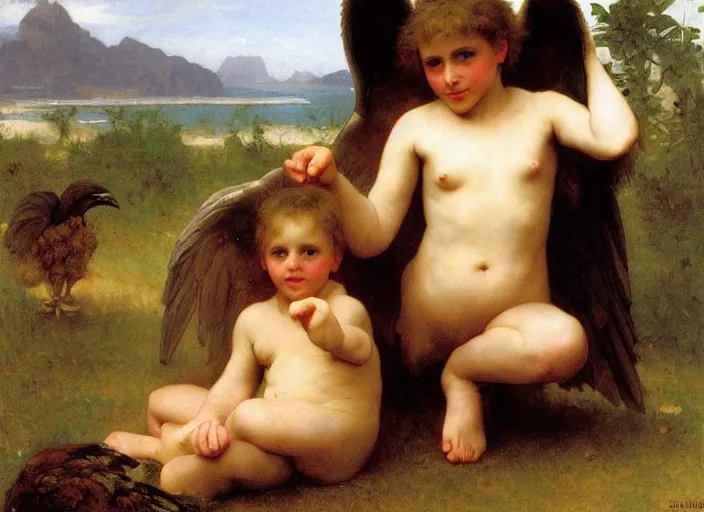 Image similar to feral child with giant chick, bouguereau