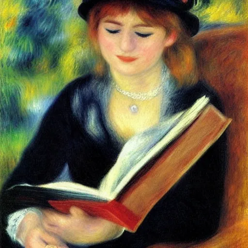 Image similar to renoir painting of black cat reading a book