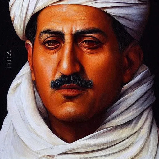 Prompt: king of Kurdistan, Mahmud Barzanji, royal portrait, award winning oil painting, incredibly detailed, insanely beautiful, symmetrical face, realistic