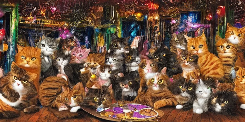 Image similar to A photo of cats having a wild party in a nightclub, very detailed and photorealistic image, beautiful scene