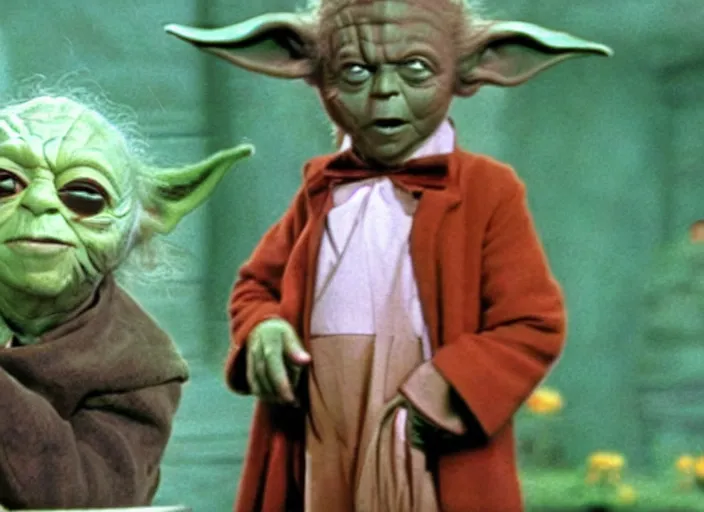 Prompt: a film still of yoda as an oompa loompa in willy wonka's and the chocolate factory ( 1 9 7 1 )