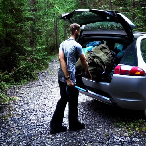 Prompt: hiker unloading the car before camping, style by fernando sawa