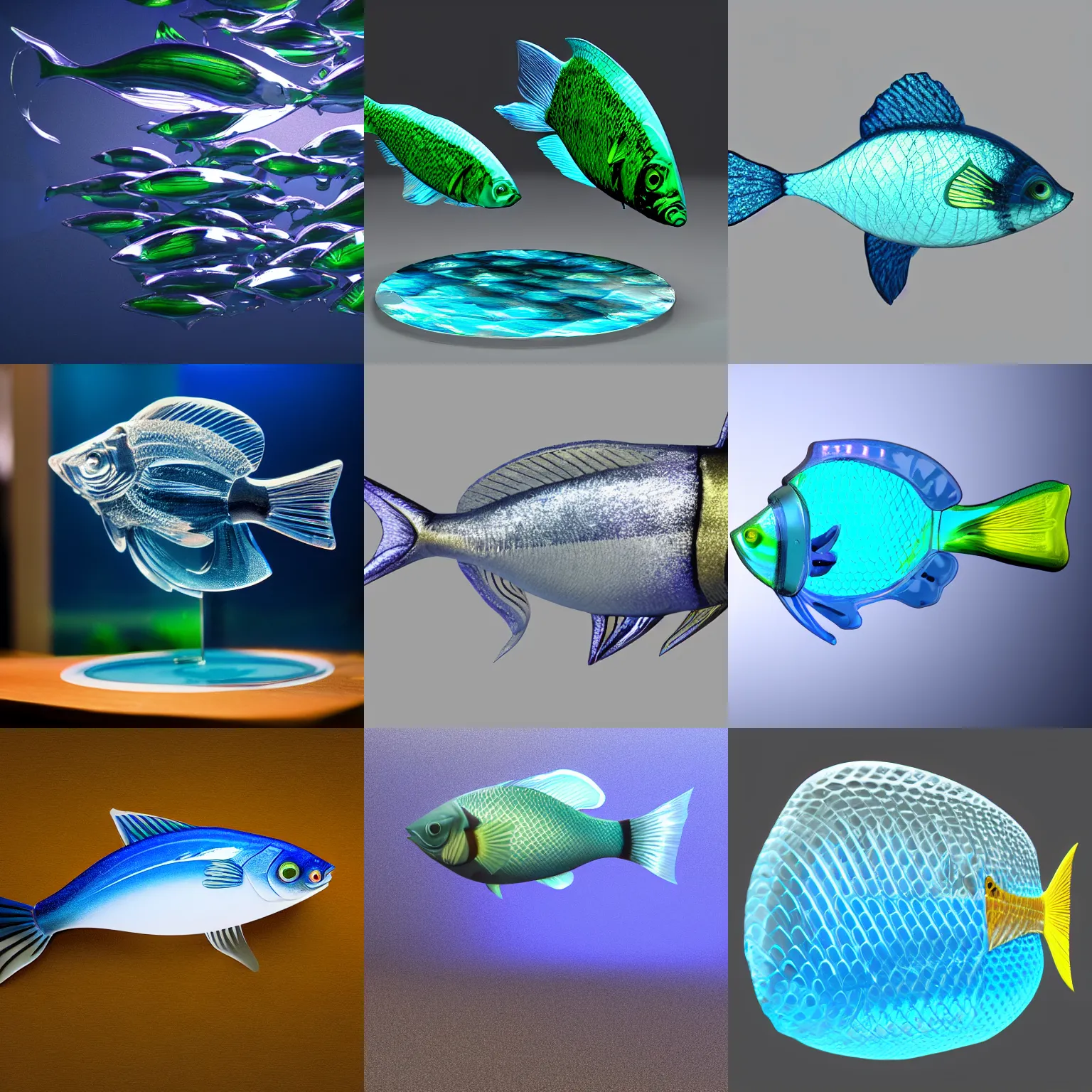 Prompt: fish made of glass, raytracing