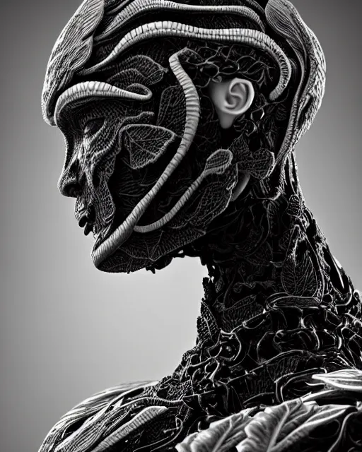 Image similar to bw close - up profile face, black background, beautiful porcelain vegetal dragon cyborg young female, 1 5 0 mm, beautiful natural soft rim light, silver gold details, magnolia leaves and stems, roots, fine lace, mandelbot fractal, elegant, ultra detailed, white metallic armour, octane render, h. r. giger style