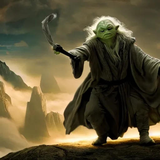 Prompt: yoda as gandalf fighting balrog, lotr movie, by greg rutkowski, reimagined by industrial light and magic, still image from lord of the rings movies
