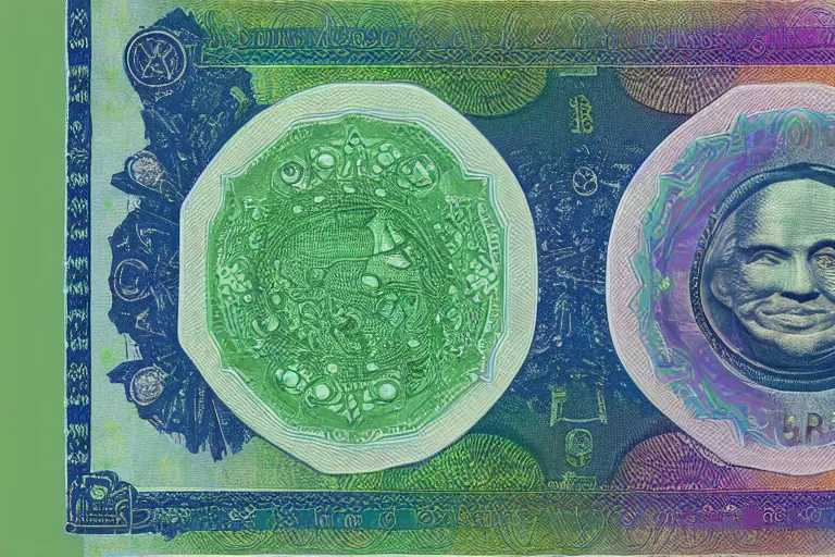 Prompt: currency design like a dollar bill and euro, greenish blue + iridescent, with the design of an alien dignitary printed on currency paper, strange alien currency symbols printed, highly detailed, realistic, octane render