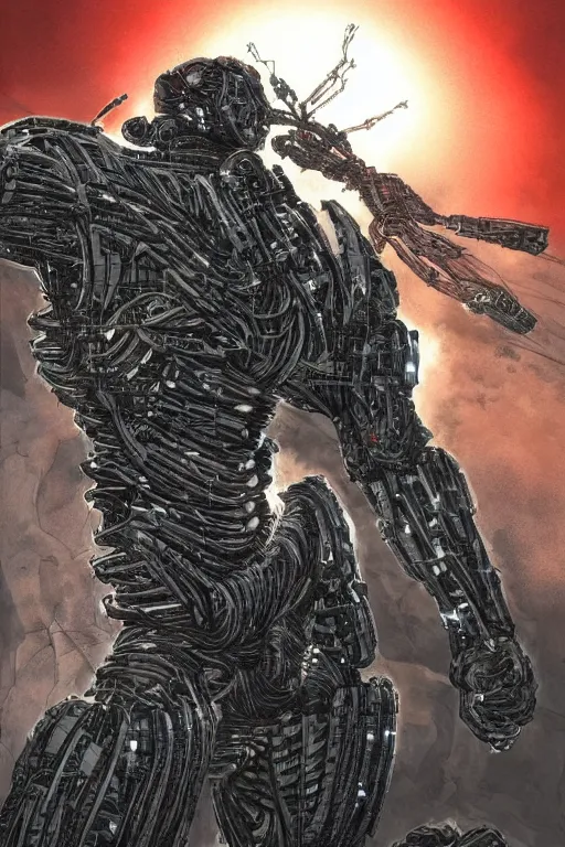 Image similar to cyborg warrior in nanosuit with powerful biological muscle augmentation, at dusk, a color illustration by tsutomu nihei and tetsuo hara