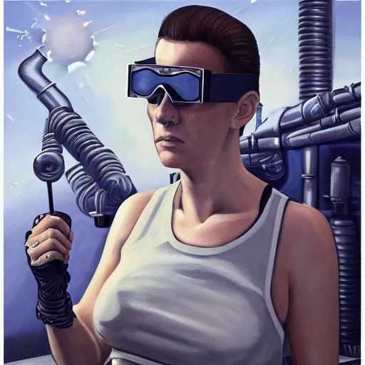 Image similar to painting of square - jawed emotionless serious blonde woman starship engineer, tribal tattoos, handsome, short slicked - back hair, sweating, uncomfortable and anxious, looking distracted and awkward, wearing victorian dark goggles, white tank top, cargo pants, and gloves, small spacecraft in background, highly detailed, mike mignogna, trending on artstation