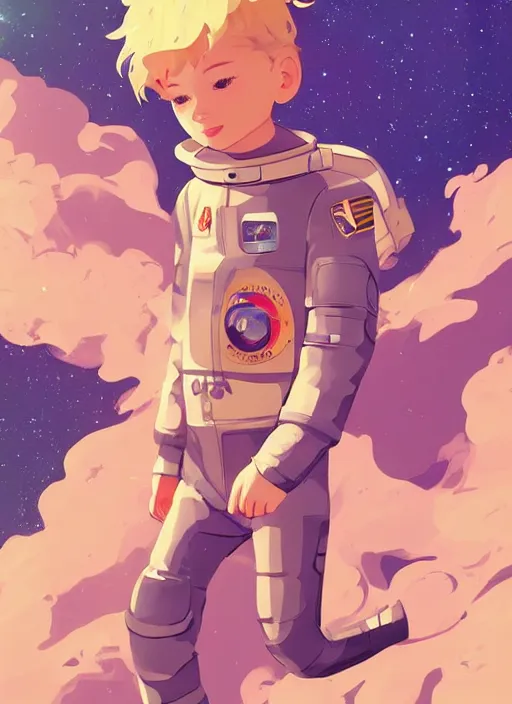 Image similar to little boy with short blonde hair. he is floating in space. he is wearing a space suit. background is a nebula. clean cel shaded vector art. shutterstock. behance hd by lois van baarle, artgerm, helen huang, by makoto shinkai and ilya kuvshinov, rossdraws, illustration, art by ilya kuvshinov