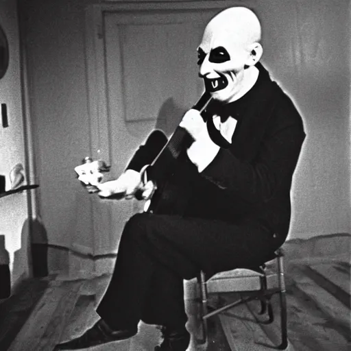 Image similar to bert jansch dresses as count orlok for halloween, playing guitar, photograph, 1 9 6 9