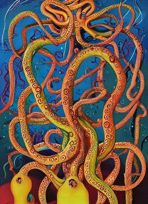 Image similar to a painting of a group of people surrounded by tentacles, a surrealist painting by desmond morris, cg society, pop surrealism, lovecraftian, cosmic horror, surrealist