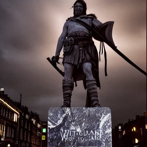 Prompt: a photorealistic marble statue of Mel Gibon’s William Wallace in a Scottish city a night, lit with dramatic lighting, using the golden circle ratio to frame the image correctly, 35mm wide shot, highly detailed