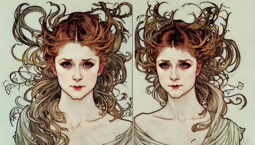 Image similar to in the style of artgerm, arthur rackham, alphonse mucha, evan rachel wood, symmetrical eyes, symmetrical face, flowing white dress, warm colors