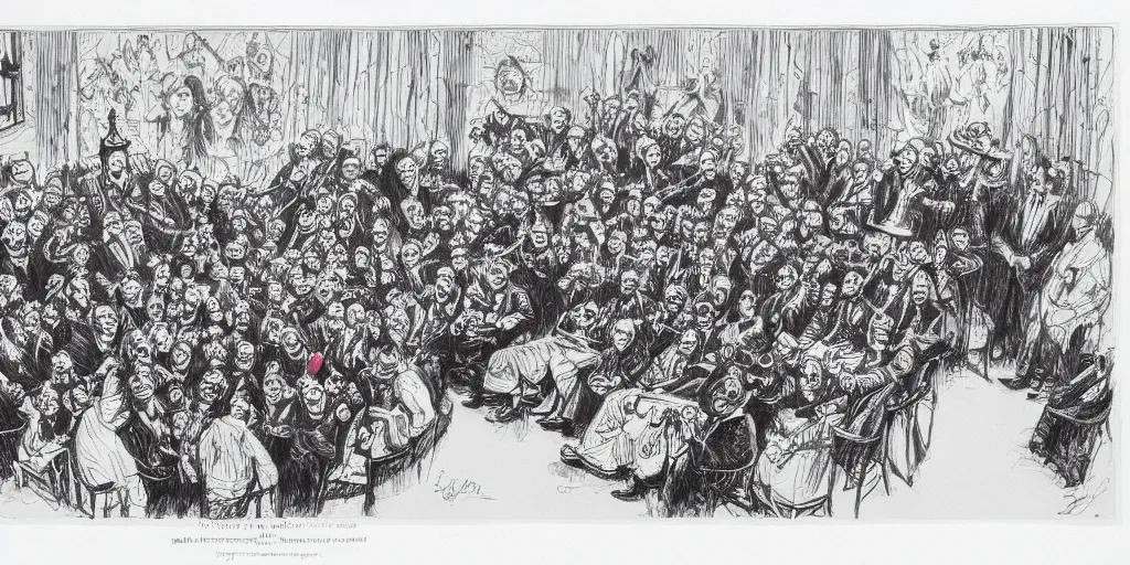 Image similar to A beautiful pen and ink drawing of a congress made of clowns, by ralph steadman, red and black ink, on parchment, ultra detailed