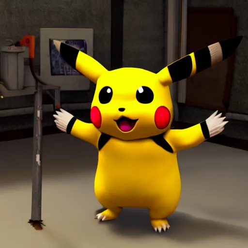 Image similar to 3 d modeled 3 d rendering with specular pbr material of realistic pikachu as a playable character in the videogame dead by daylight holding a chainsaw, pc gpu fov settings, videogame screenshot of pikachus mori animation, dark lighting and heavy fog, playstation 2 graphics