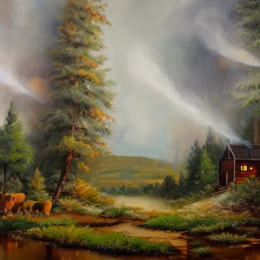 Prompt: oil painting blizzard in woodland meadow, log cabin, smoke billowing from chimney, water stream, water wheel, oak trees, pine trees, mild breeze wind, detailed