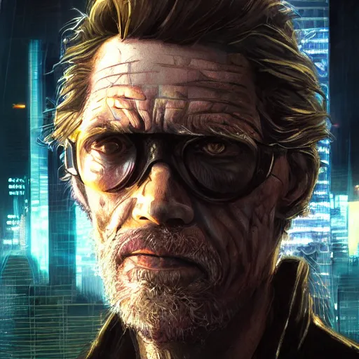 Image similar to closeup portrait of william dafoe, cyberpunk, shaggy ex military guy, city background, dramatic light, gorgeous view, depth, high detail, digital art, painted by greg rutkowski and seb mckinnon, neuromancer, trending on artstation