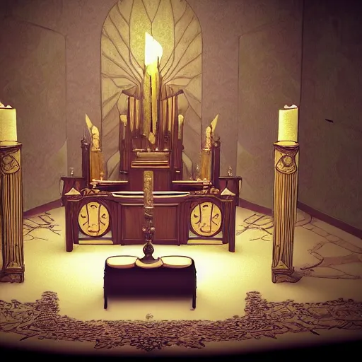 Image similar to realistic photo of an occult art nouveau room interior, old furniture, altar, candles, gloomy volumetric lights