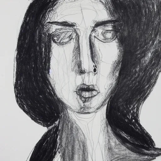Prompt: portrait of dazed model facing slightly right, black ink on paper