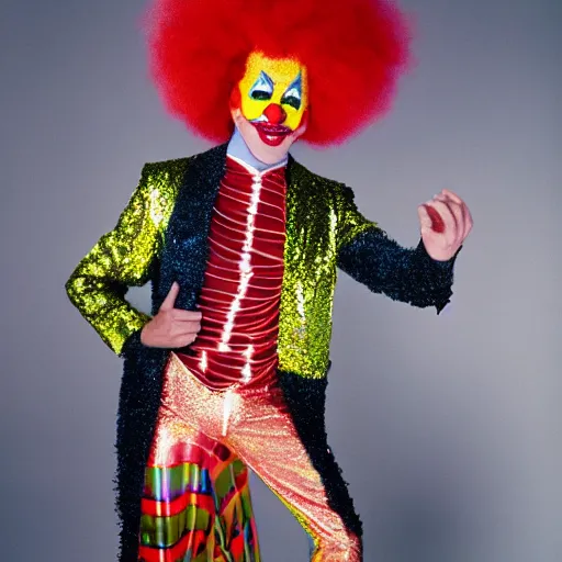 Image similar to uhd candid photo of disco stu wearing disco suit, intricate clown costume. photo by annie leibowitz
