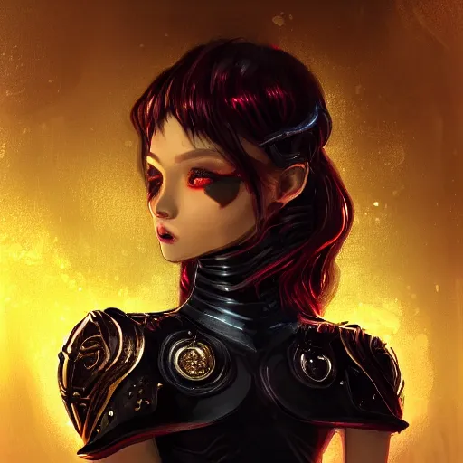 Image similar to portrait knights of Zodiac girl+smoky eyes, metalic black and red mirror reflected armor, in ruined Agora of Athens black magic night, ssci-fi, fantasy, intricate, very very beautiful, elegant, golden light, highly detailed, digital painting, artstation, concept art, smooth, sharp focus, illustration, art by tian zi and WLOP and alphonse mucha