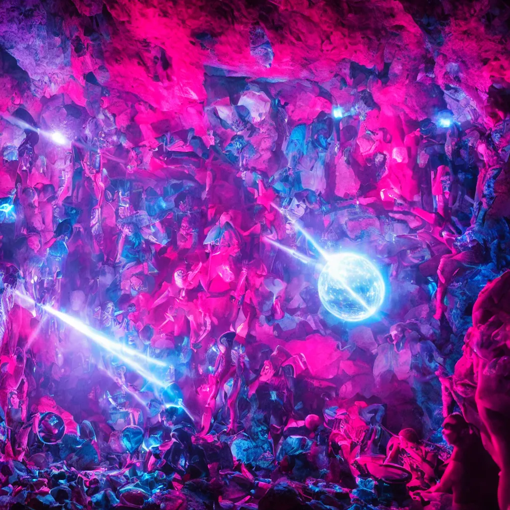 Image similar to cinematic shot of a goth disco in a cave, brutal weapons made of pink lasers and blue crystals forming a sphere, 8k photograph