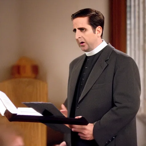 Image similar to Michael Scott as a Catholic priest giving a sermon at the pulpit