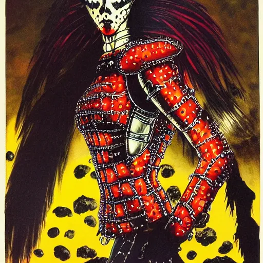 Image similar to portrait of a skinny punk goth yayoi kusama wearing armor by simon bisley, john blance, frank frazetta, fantasy, thief warrior, chrome