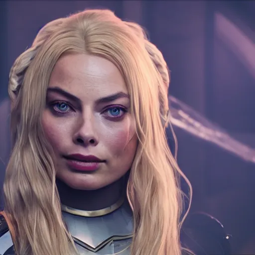 Image similar to hyper realistic character sheet of Lux (League of Legends) played by Margot Robbie, 4k, Carl Zeiss, sigma, Tamron so 85mm, cinematic, lute