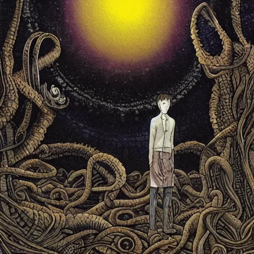 Image similar to capybara as an eldritch cosmic horror, horrific background, lovecraft, art by Junji Ito