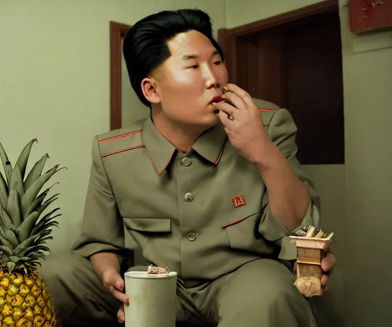Image similar to hyperralism pineapple express movie still photography of real detailed north korean kim chen with detailed face smoking detailed weed joint in basement bedroom photography by araki nobuyoshi