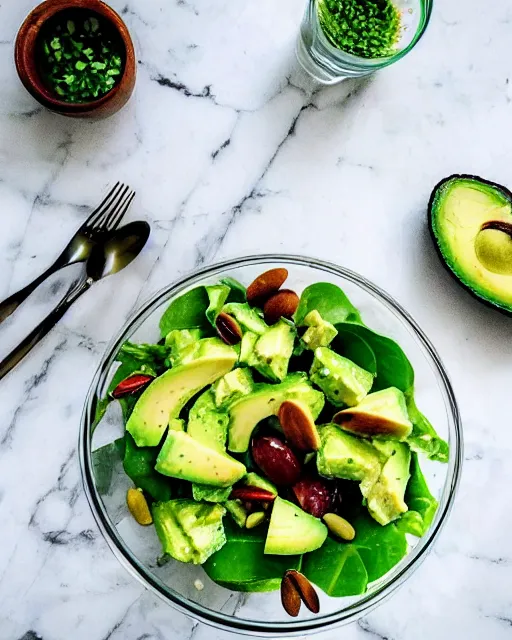 Prompt: realistic photo of delicious fresh avocado salad, bowl, glass, white kitchen table, cloth, marble, highly detailed, by louise lister, sara ali, mary devinat, kailee mandel, sharp focus!!, masterpiece, award winning, elegant, instagram, high quality food photography