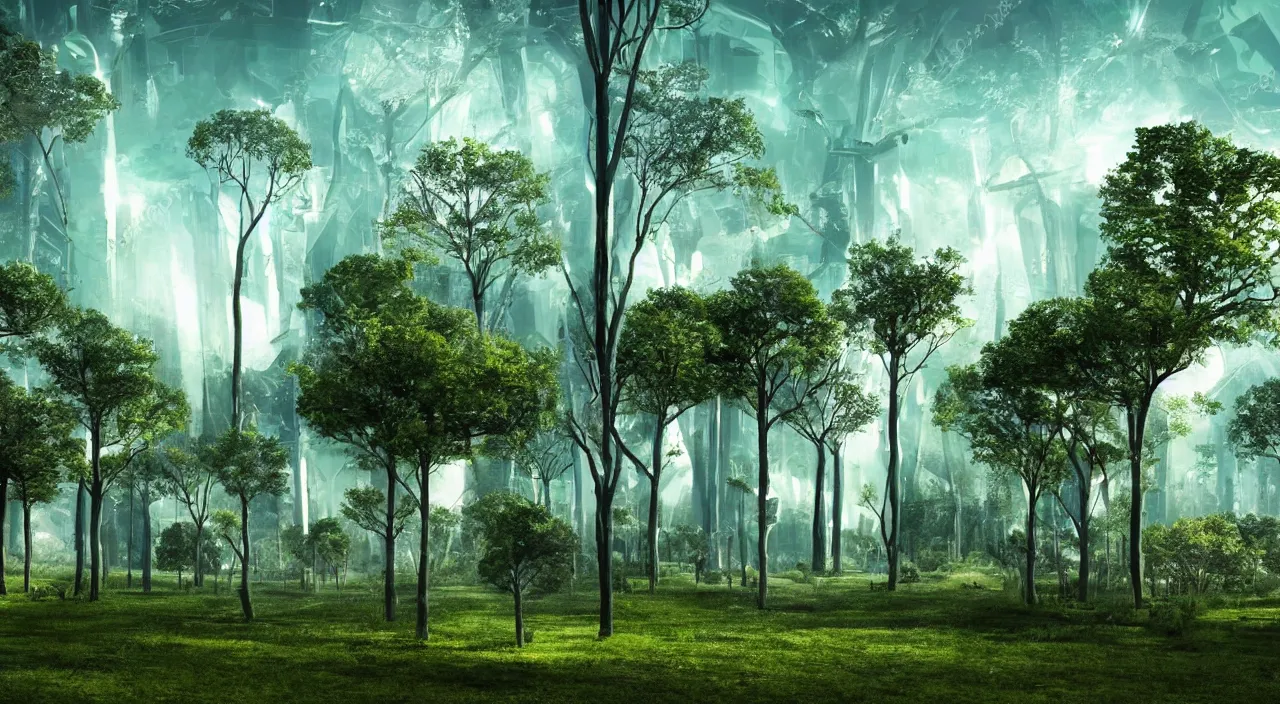 Image similar to a very futuristic landscape with trees, ambient light