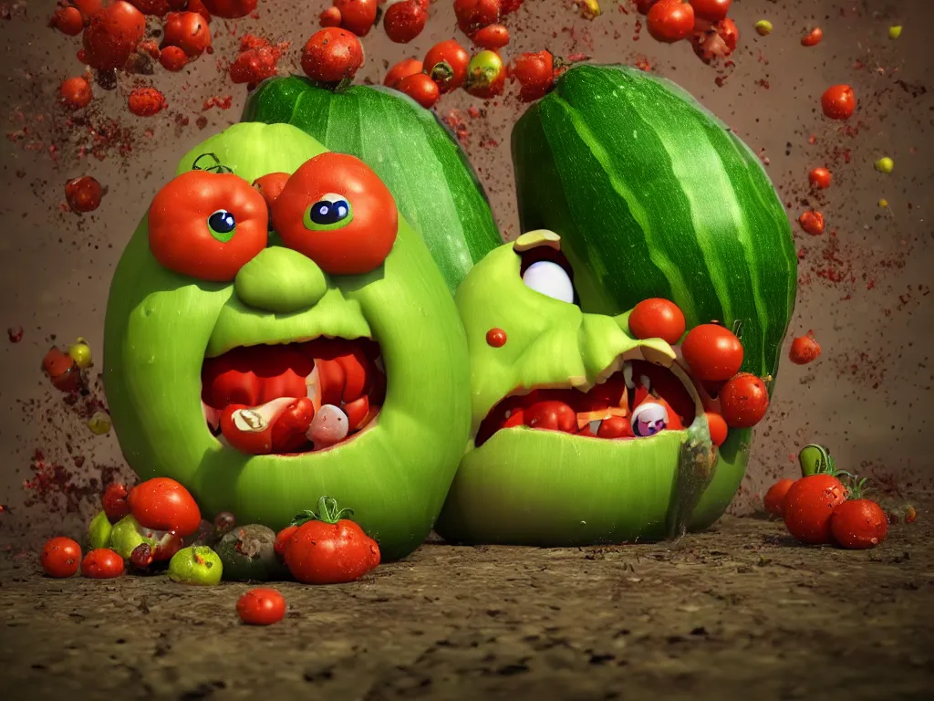 Prompt: highly detailed 3 d render of a raging mad angry zucchini character, dirt road, scared tomates scattered everywhere, high speed action, explosions, dramatic scene, hyper realistic octane render, cinematic lighting, tomato splatter, deviantart, black sky, lowbrow, surrealism, pixar still, mayhem