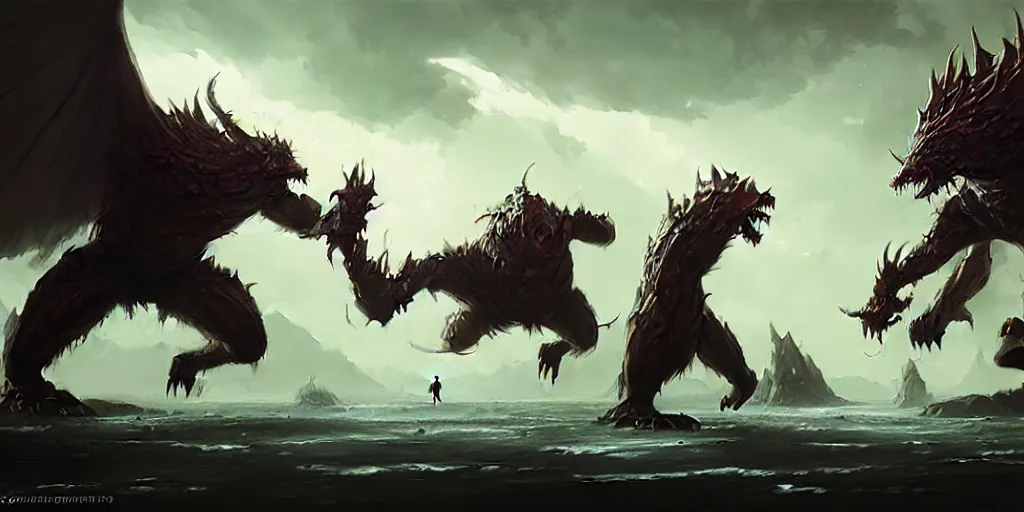 Prompt: hyper realistic fantasy monster fight scene, concept art, by greg rutkowski