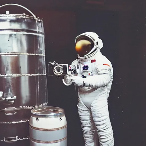 Prompt: an astronaut using a vintage camera taking a photo of a beer keg