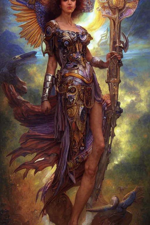 Image similar to Mystical Valkyrie, Portrait of a beautiful female Reptilian warrior, Regal, Realistic, Refined, Detailed Digital Art, Josephine wall, Oil Painting, William-Adolphe Bouguereau, Art Frahm, Esao Andrews, Steampunk, Walt Disney (1937), Highly Detailed, Cinematic Lighting, Unreal Engine, 8k, HD