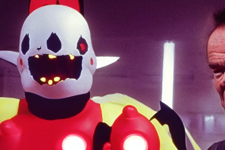 Prompt: Jack Nicholson plays Pikachu Terminator, his endoskeleton gets exposed and his eye glows red