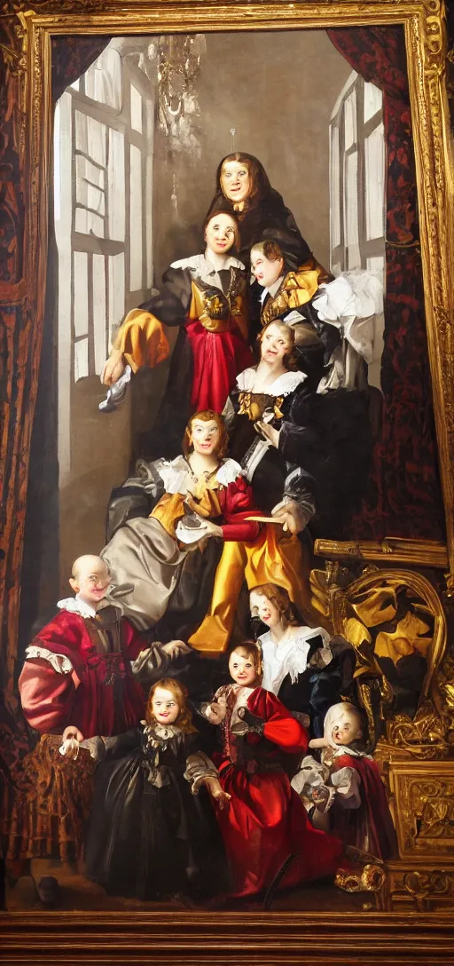 Prompt: oil paint in canvas of family portrait in the main room of the castle, dark room, one point of light trough a big window. baroque style 1 6 5 0, high details on clothes, realistic faces and expressions, space between subjects inspired by diego velasquez