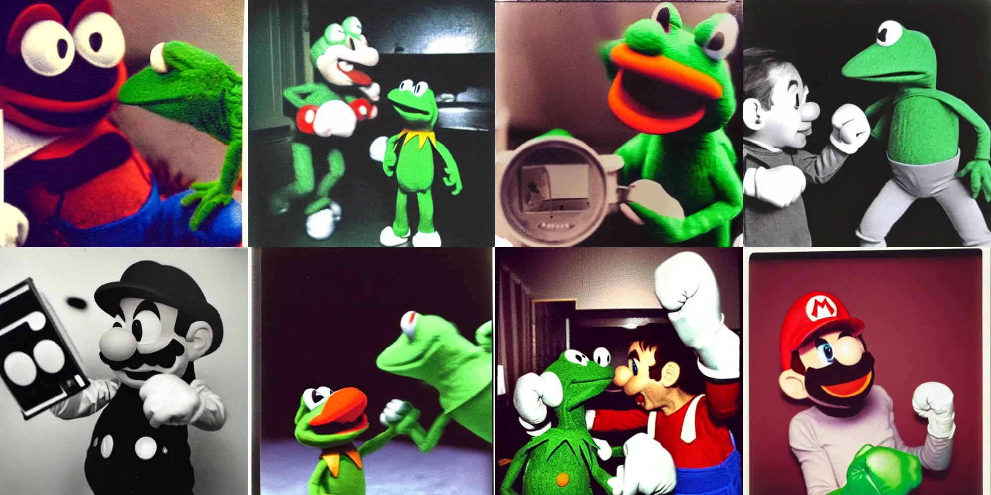 Prompt: Super Mario punching Kermit the Frog, polaroid photo with flash, 1970s