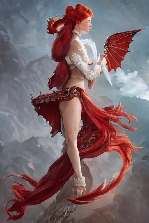 Prompt: fullbody!! dynamic action pose, beautiful woman with red hair ponytail, small red dragon wings on her head, white woollen dress, dnd, face, fantasy, intricate, elegant, highly detailed, digital painting, artstation, concept art, smooth, sharp focus, illustration, art by artgerm and greg rutkowski and alphonse mucha