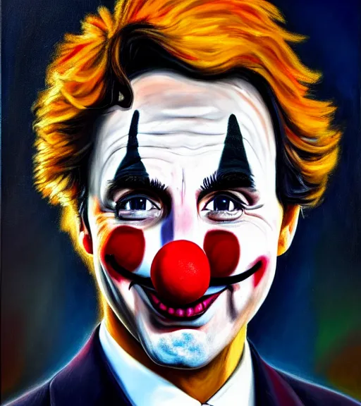 Prompt: justin trudeau as a clown, oil on canvas, deep depth field, masterpiece, cinematic composition, hyper - detailed, hd, hdr