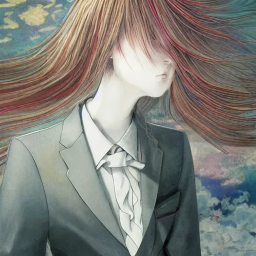 Image similar to yoshitaka amano blurred and dreamy realistic illustration of an anime girl with black eyes, wavy white hair fluttering in the wind wearing dress suit with tie, junji ito abstract patterns in the background, satoshi kon anime, noisy film grain effect, highly detailed, renaissance oil painting, weird portrait angle, blurred lost edges, three quarter view