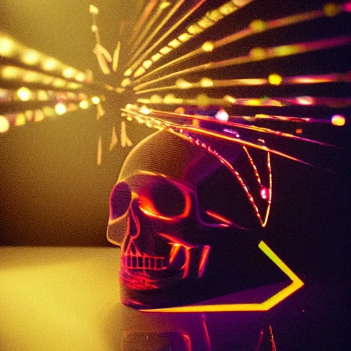 Image similar to a low poly disco skull full of long spikes, reflecting light in a nightclub, grainy film photograph