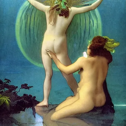 Image similar to Demon Girl at the palace, refracted sparkles, thunderstorm, greek pool, beach and Tropical vegetation on the background major arcana sky, by paul delaroche, alphonse mucha and arnold böcklin, hyperrealistic 8k, award-winning, very very very detailed