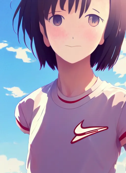 Image similar to portrait of high school runner girl, sunny sky background stadium landscape illustration concept art anime key visual trending pixiv fanbox by wlop and greg rutkowski and makoto shinkai and studio ghibli and kyoto animation symmetrical facial features short down hair sports clothing marathon race nike shirt realistic anatomy