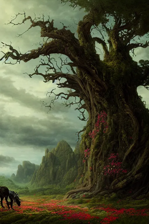 Image similar to a beautiful digital landscape painting of a detailed gothic fantasy horse and roots, dark mushroom, flowers by benoit b. mandelbrot, steven belledin, martin johnson heade, lee madgwick, caspar david friedrich, and david rios ferreira. 8 k resolution trending on artstation concept art digital illustration