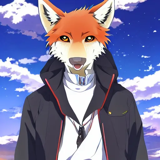 Image similar to key anime visual portrait of an anthropomorphic anthro wolf fursona, in a jacket, with handsome eyes, official modern anime art