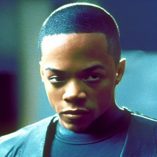 Image similar to a film still of Lil Bow Wow starring in The Matrix (1999), close up, shallow depth of field